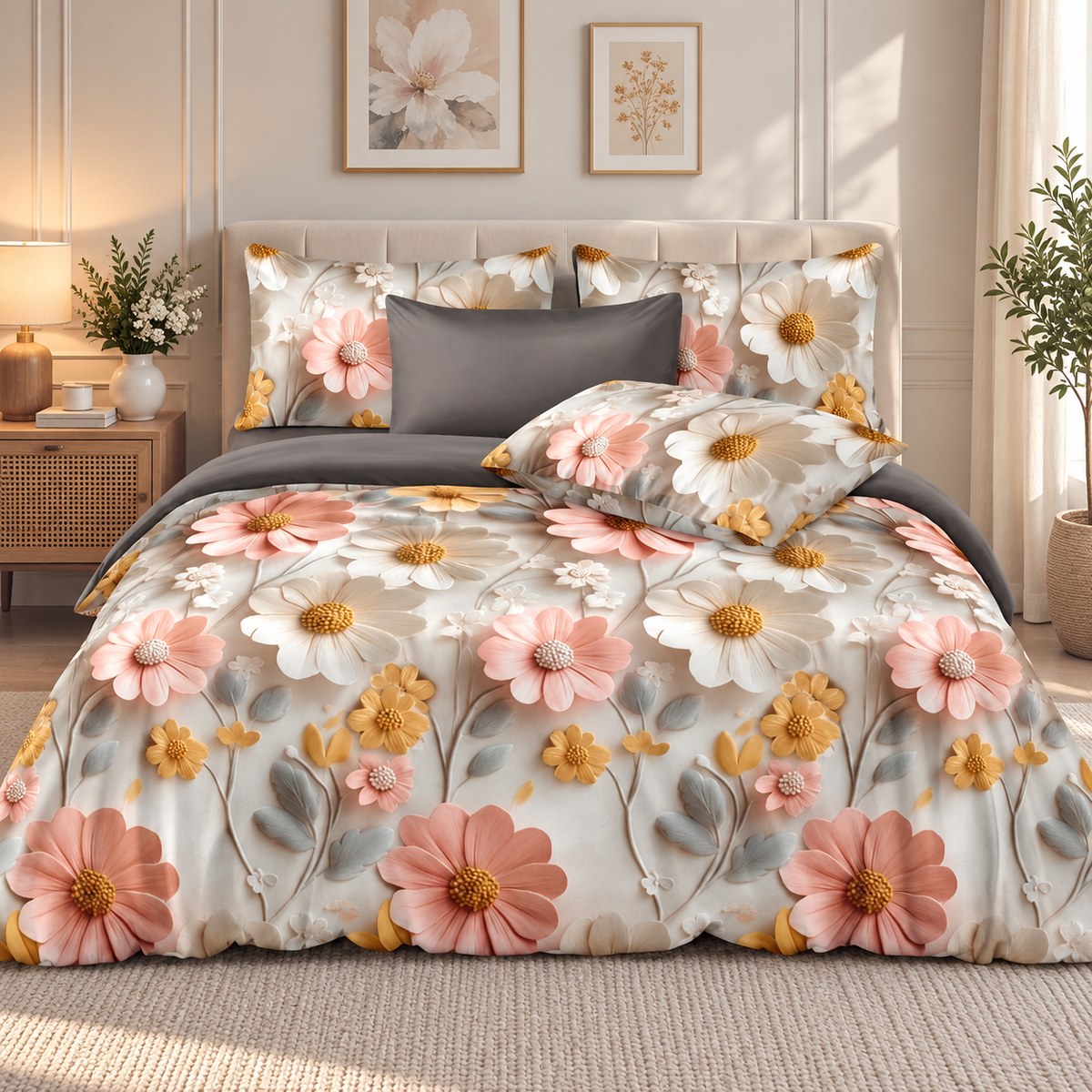 12-D Bag Pack Soft Glace Cotton Floral Bedsheet Set | 1 Bedsheet + 2 Pillow Covers | Pink, White & Yellow Daisy Print