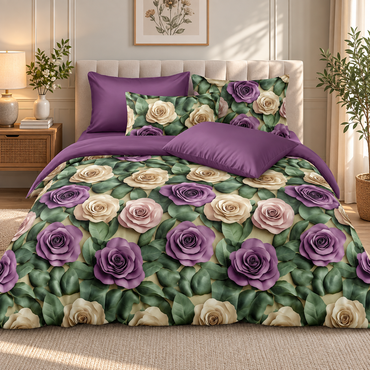 12-D Bag Pack Soft Glace Cotton Floral Bedsheet Set | 1 Bedsheet + 2 Pillow Covers | Purple & Cream Rose Print