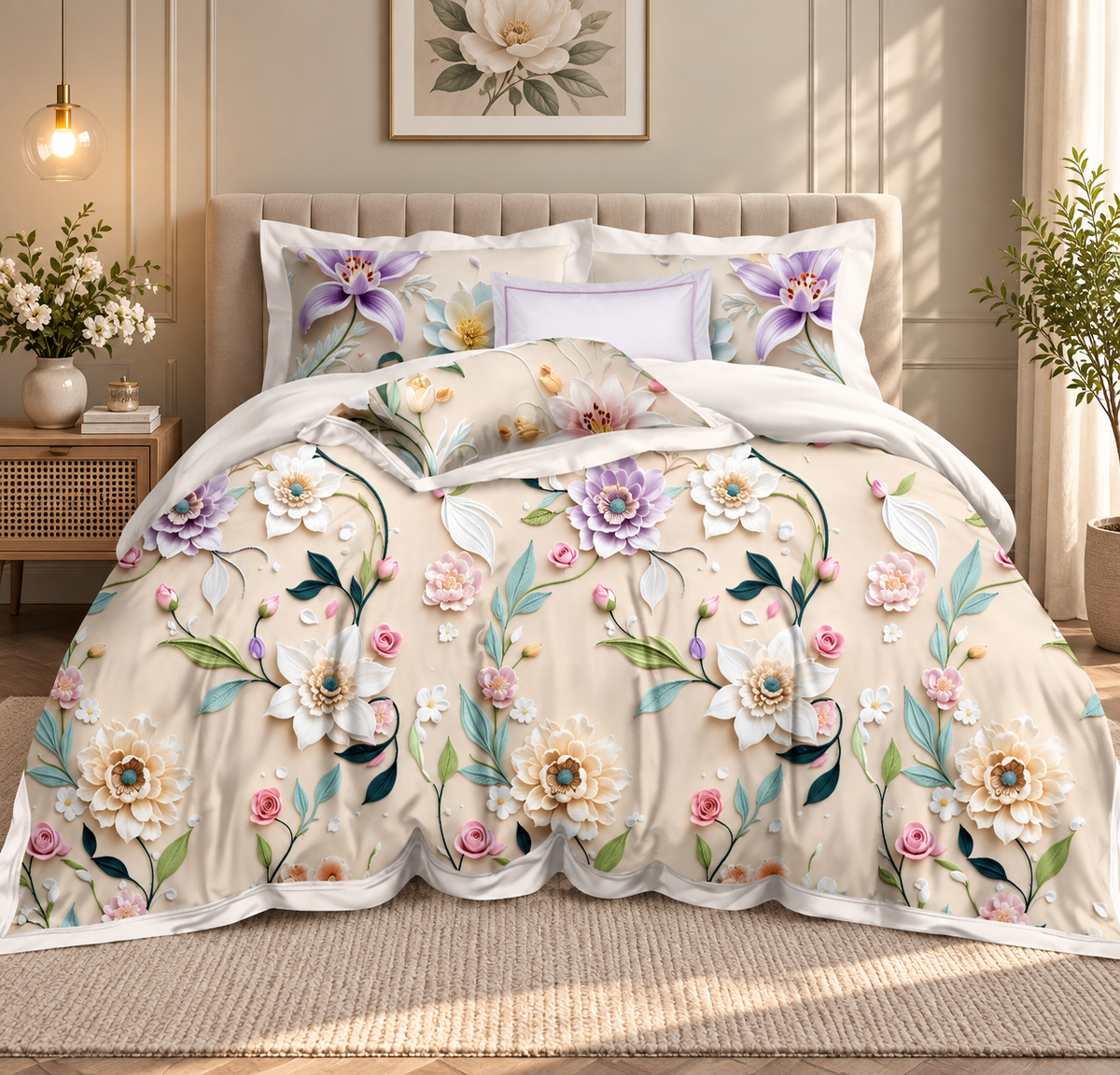 Premium Soft Glace Cotton Floral Bedsheet Set  1 Bedsheet + 2 Pillow Covers | Elegant Blue & White Flower Print