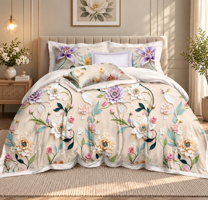 Premium Soft Glace Cotton Floral Bedsheet Set  1 Bedsheet + 2 Pillow Covers | Elegant Blue & White Flower Print