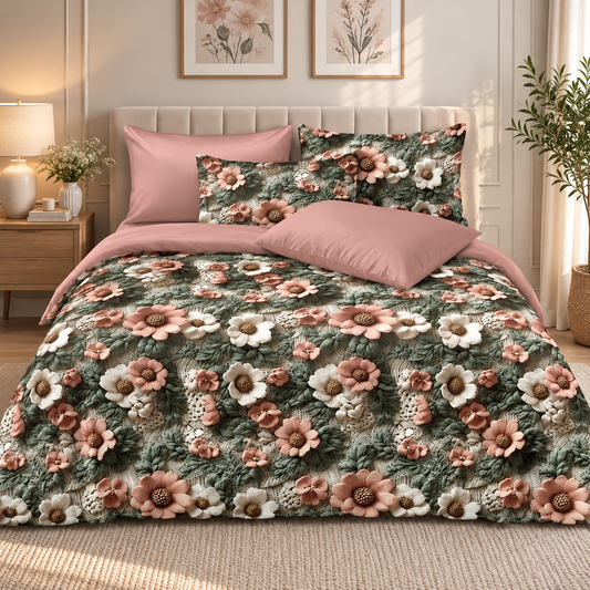 12-D Soft Glace Cotton Bedsheet Set – 3 Pcs (1 Bedsheet + 2 Pillow Covers) | 3D Floral Print on Dark Green Base