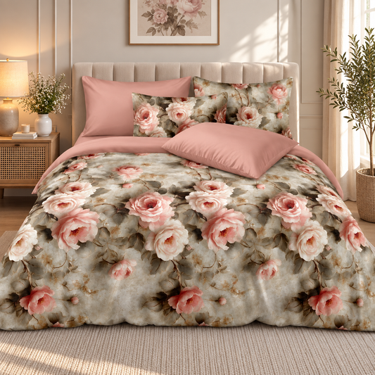 12-D Soft Glace Cotton Bedsheet Set  Bedsheet + 2 Pillow Covers Peach Rose Floral Print