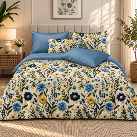 Premium Soft Glace Cotton Floral Bedsheet Set – Elegant Blue & Yellow Floral Print with 2 Pillow Covers