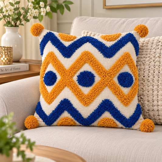 Boho Geometric Diamond Cushion Cover with Pom-Poms | Blue & Mustard Textured Decorative Pillow Cover for Sofa & Living Room