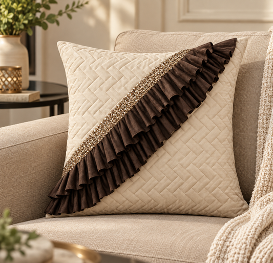 Luxury Quilted Cushion Cover with Ruffle Detailing | Cream & Chocolate Brown Embellished Sequin Decorative Pillow Cover for Sofa & Living Room