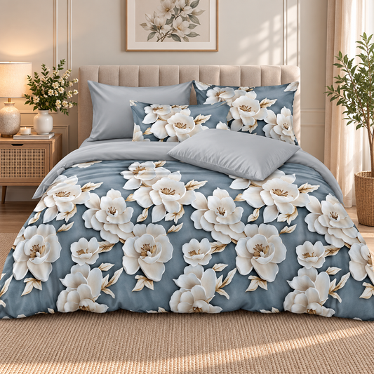 Premium Soft Glace Cotton Floral Bedsheet Set – Elegant Blue & White Flower Print with 2 Pillow Covers