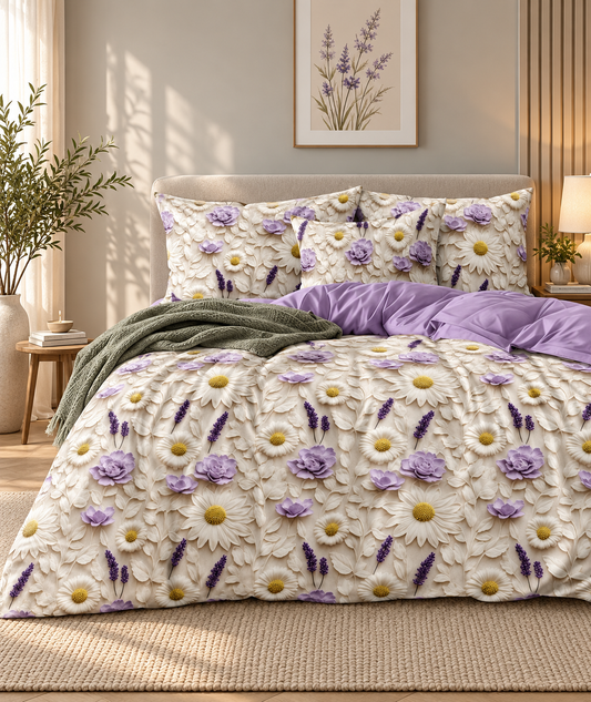Premium Soft Glace Cotton Floral Bedsheet Set – Elegant Cream & Purple Flower Print with 2 Pillow Covers