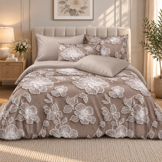 Premium Soft Glace Cotton Floral Bedsheet Set – Elegant Taupe & White Flower Print with 2 Pillow Covers