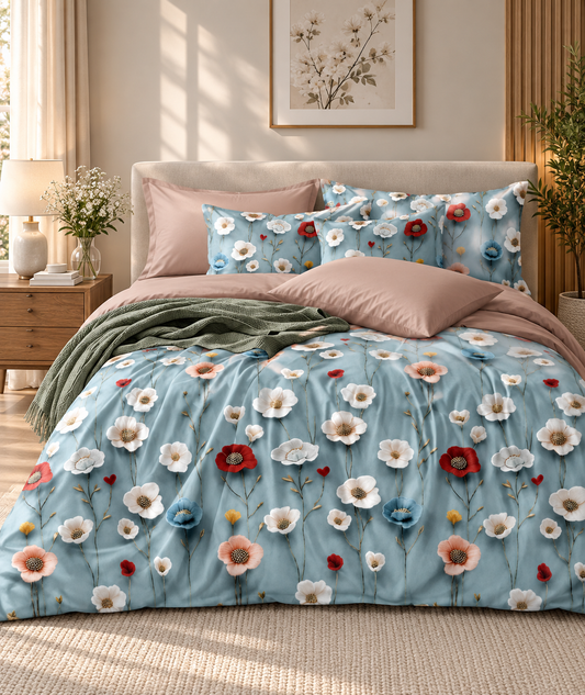 Premium Soft Glace Cotton Floral Bedsheet Set – Elegant Blue & Multicolour Flower Print with 2 Pillow Covers