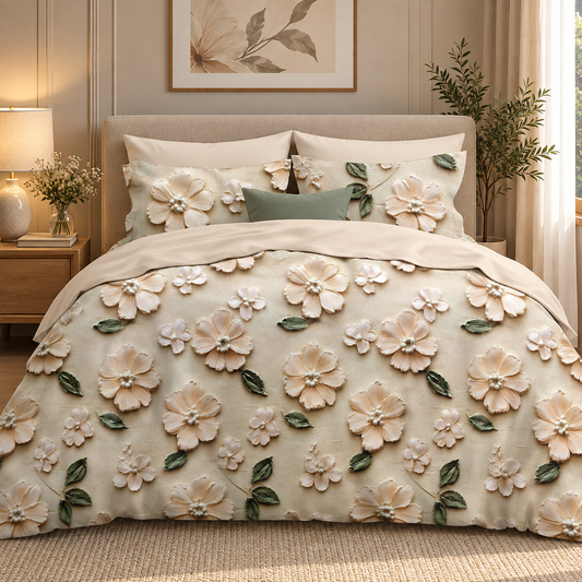 Premium Soft Glace Cotton Floral Bedsheet Set – Elegant Beige Flower Print with 2 Pillow Covers