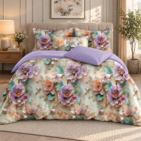 Premium Soft Glace Cotton Floral Bedsheet Set – Elegant Purple & Peach Flower Print with 2 Pillow Covers