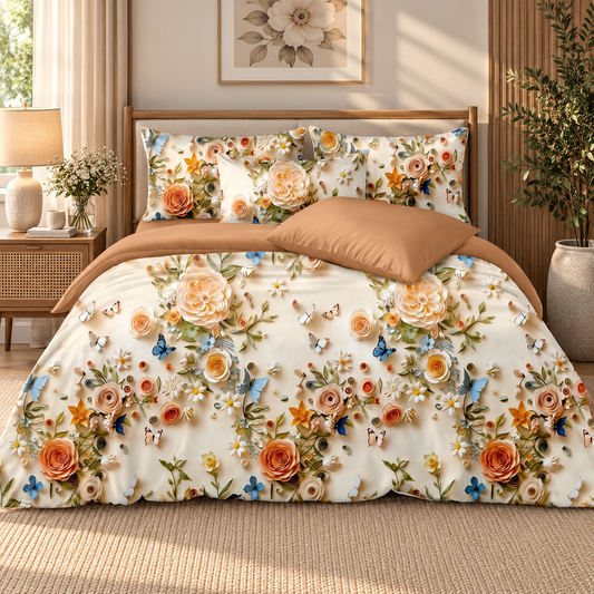 Premium Soft 12D Print Design - Glace Cotton Floral Bedsheet Set – Elegant Peach & Multicolor Flower Print with 2 Pillow Covers