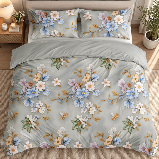 Premium Soft Glace Cotton Floral Bedsheet Set – Elegant Grey & Blue Flower Print with 2 Pillow Covers