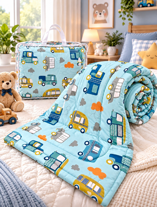 Premium Ultra-Soft Glace Cotton Bus 🚌 Vehicle Print Comforter – Single Bed Size 60×100 Inches for Kids