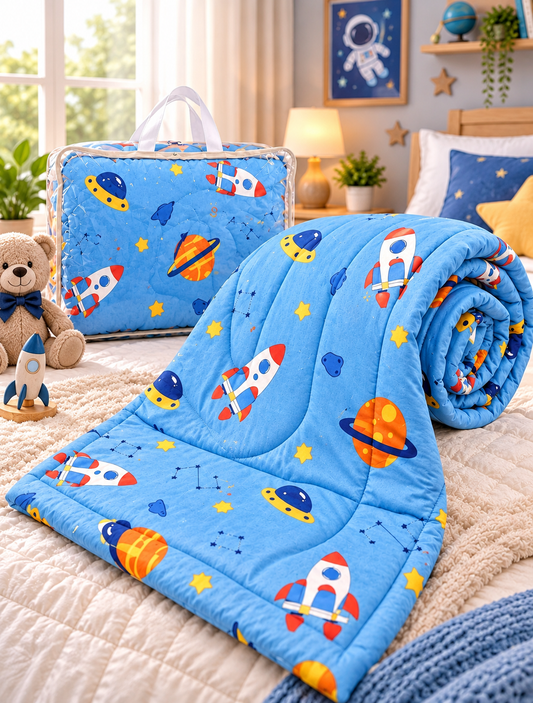 Premium Ultra-Soft Glace Cotton Space 🚀 Rocket & Planet 🌎 Print Comforter – Single Bed Size 60×100 Inches for Kids