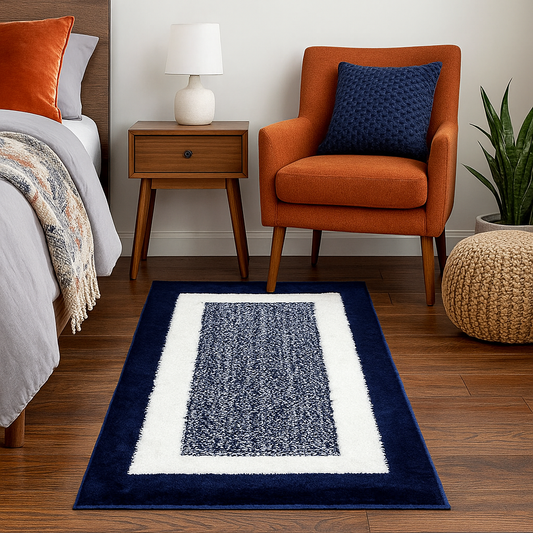Low Cut Pile Blue & White Premium Microfiber Bedside Runner – Soft Feel with Anti-Skid Rubber Backing
