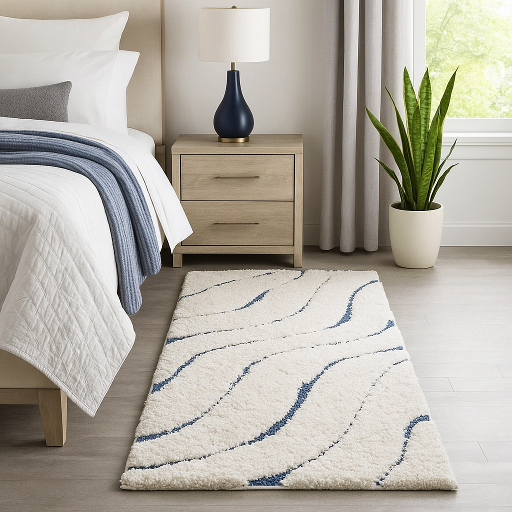 KashyapaRugs ivory and navy blue abstract wave pattern premium microfiber rug – soft smooth texture, anti-skid rubber backing, elegant color contrast for modern and minimal interiors