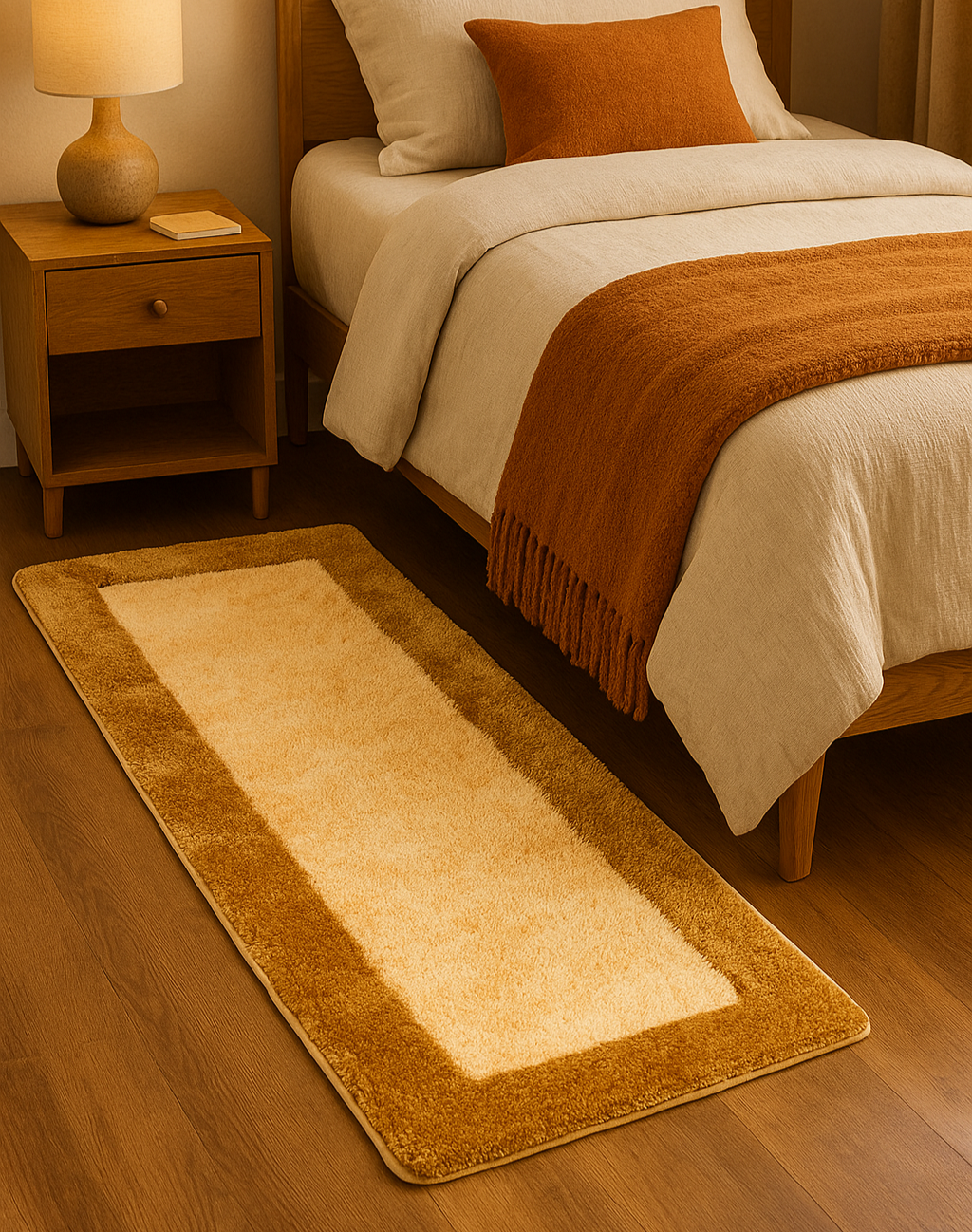 Ivory & Beige Bedside Runner – Soft Microfiber, Anti-Skid Rubber Backing