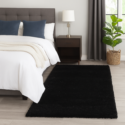 Beautiful Black 2 Inch long Pile Premium Microfiber Bedside Runner -  Soft Feel, Anti-Skid Rubber Backing