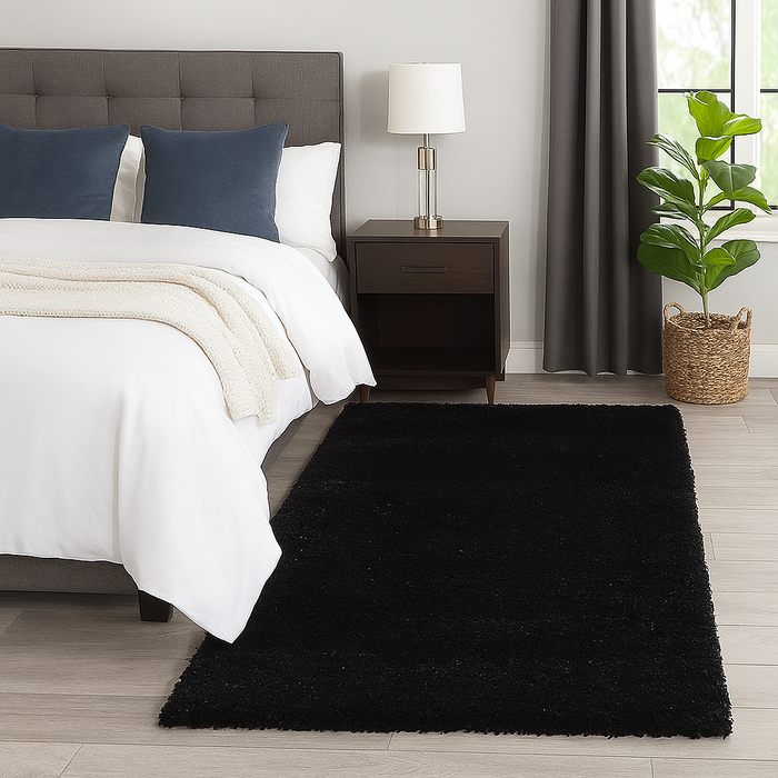 Beautiful Black 2 Inch long Pile Premium Microfiber Bedside Runner -  Soft Feel, Anti-Skid Backing