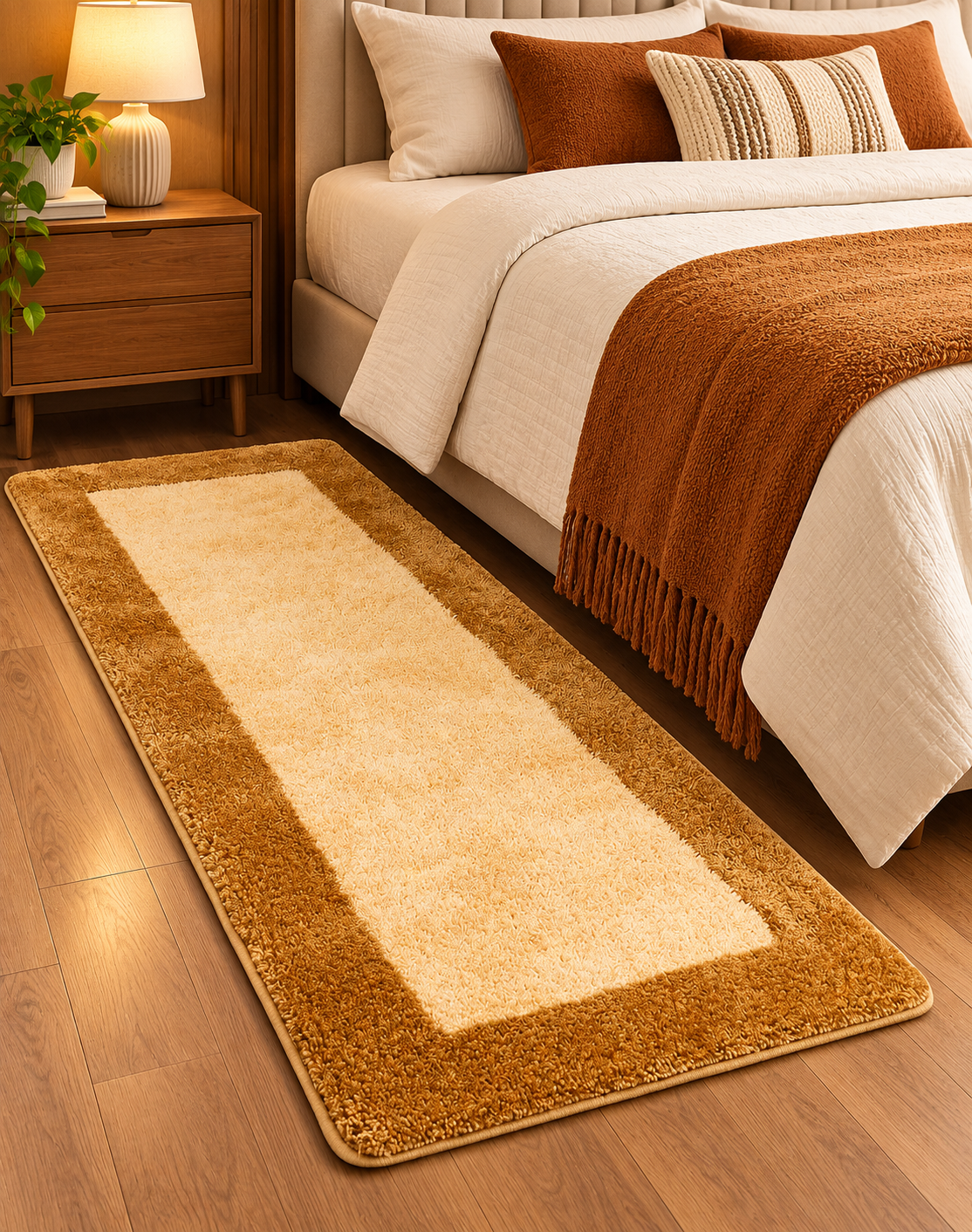 Ivory & Beige Bedside Runner – Soft Microfiber, Anti-Skid Backing