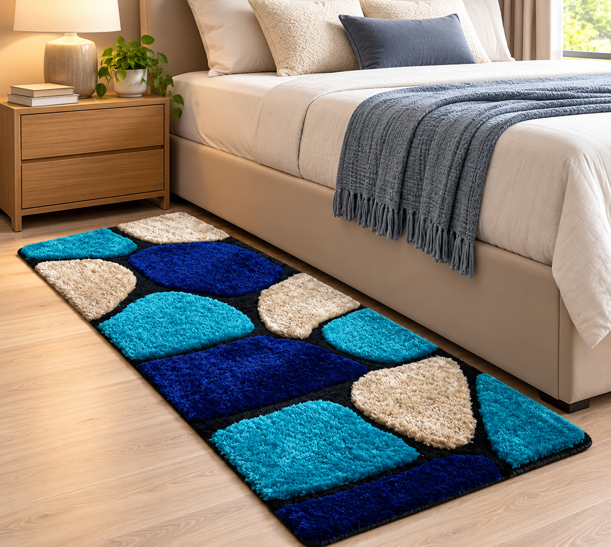 Blue Stones  Bedside Runner – Soft Microfiber, Anti-Skid Rubber Backing