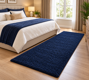 Navy Blue Plain 2 Inch Pile Premium Shaggy Bedside Runner - Soft Feel, Anti-Skid Backing