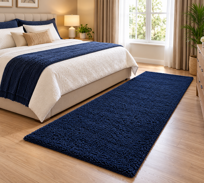 Navy Blue Plain 2 Inch Pile Premium Shaggy Bedside Runner - Soft Feel, Anti-Skid Backing