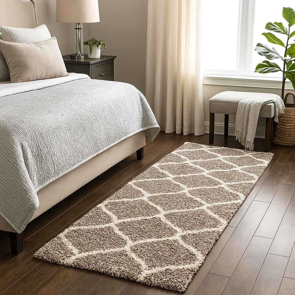 Skin Beige  Morrocon Pattern Shaggy Runner Rug – Soft Feel with Anti-Skid Backing