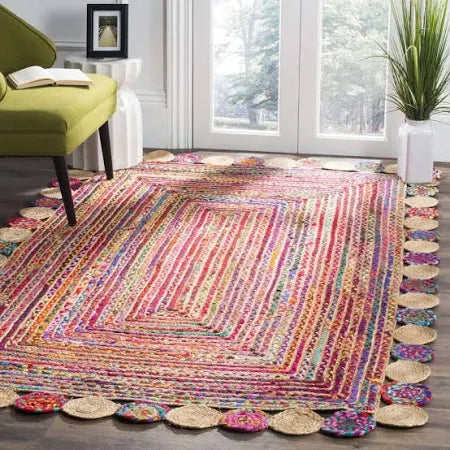 Modern Braided Rug in Multicolour Jute & Cotton Chindi Handmade & Hand washable Rug.