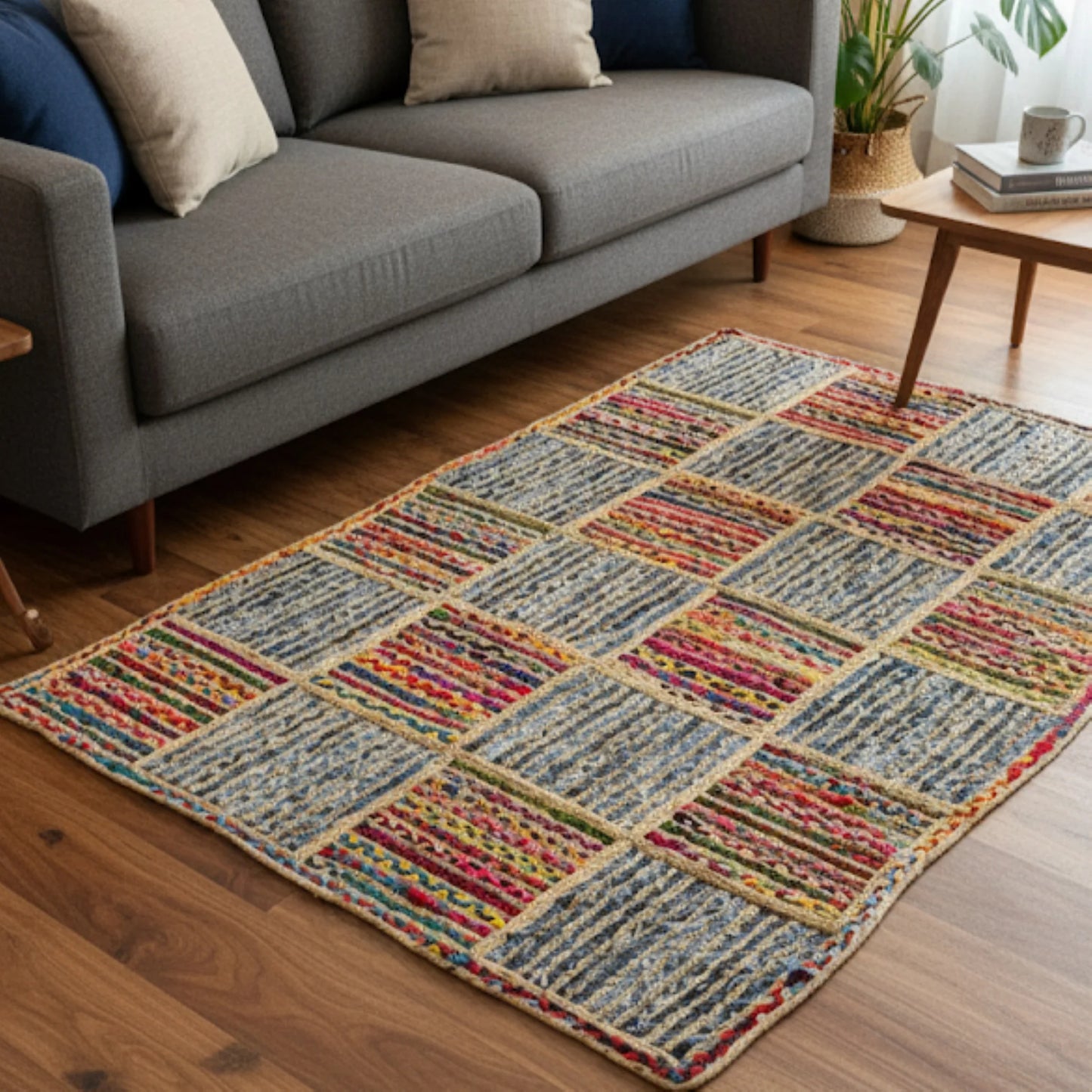 Braided Multicolor Cotton with Denim Jute Box Pattern Area Rug/Mat/Carpet