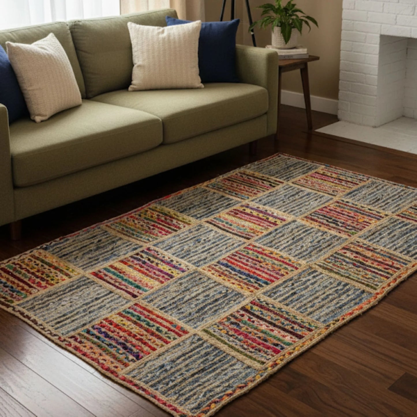 Braided Multicolor Cotton with Denim Jute Box Pattern Area Rug/Mat/Carpet