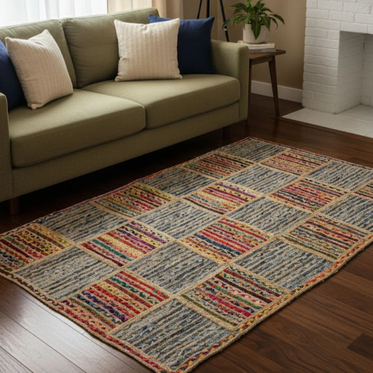 Braided Multicolor Cotton with Denim Jute Box Pattern Area Rug/Mat/Carpet