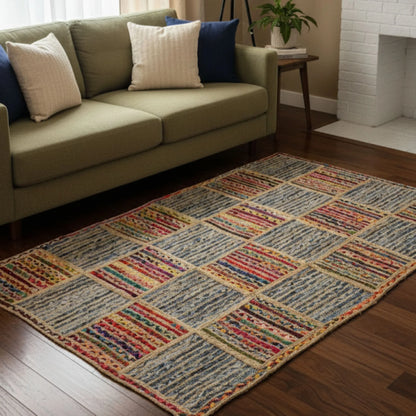 Braided Multicolor Cotton with Denim Jute Box Pattern Area Rug/Mat/Carpet