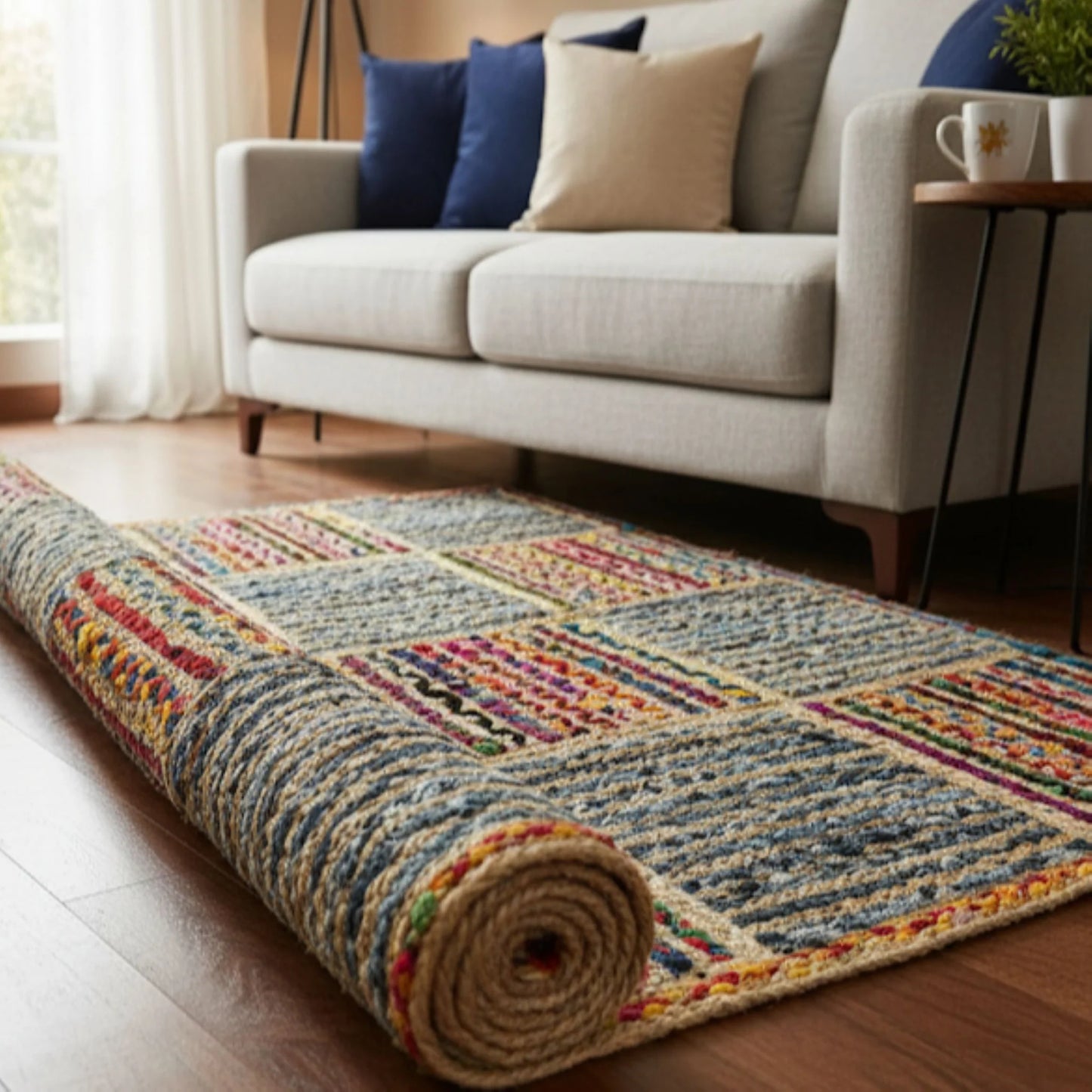 Braided Multicolor Cotton with Denim Jute Box Pattern Area Rug/Mat/Carpet