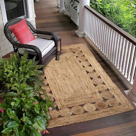 Natural & Black Cross Lines Jute Area Rug.
