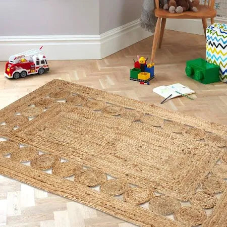 Natural & Black Cross Lines Jute Area Rug.