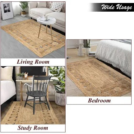 Natural & Black Cross Lines Jute Area Rug.