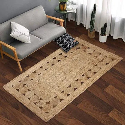 Natural & Black Cross Lines Jute Area Rug.