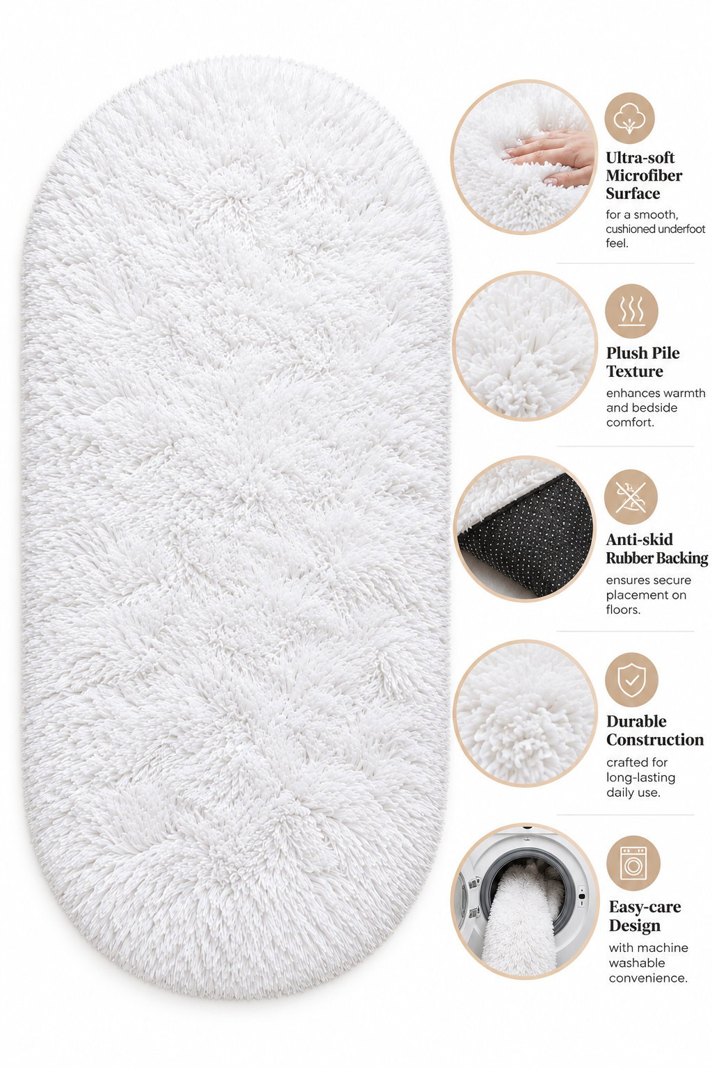 White Oval 2 Inch long Pile Premium Extra Fiber Bedside Runner - Extra Soft Feel, Anti-Skid Rubber Backing