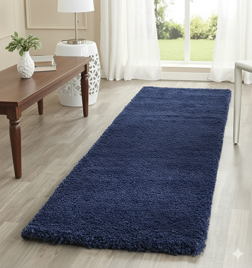 Navy Blue Plain 2 Inch Pile Premium Shaggy Bedside Runner - Soft Feel, Anti-Skid Backing