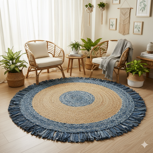 Denim With Jute Handmade Braided Round Area Rug.