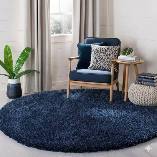 Navy Blue Plain Premium Round Shaggy Rug – Soft Feel with Anti-Skid Rubber Backing