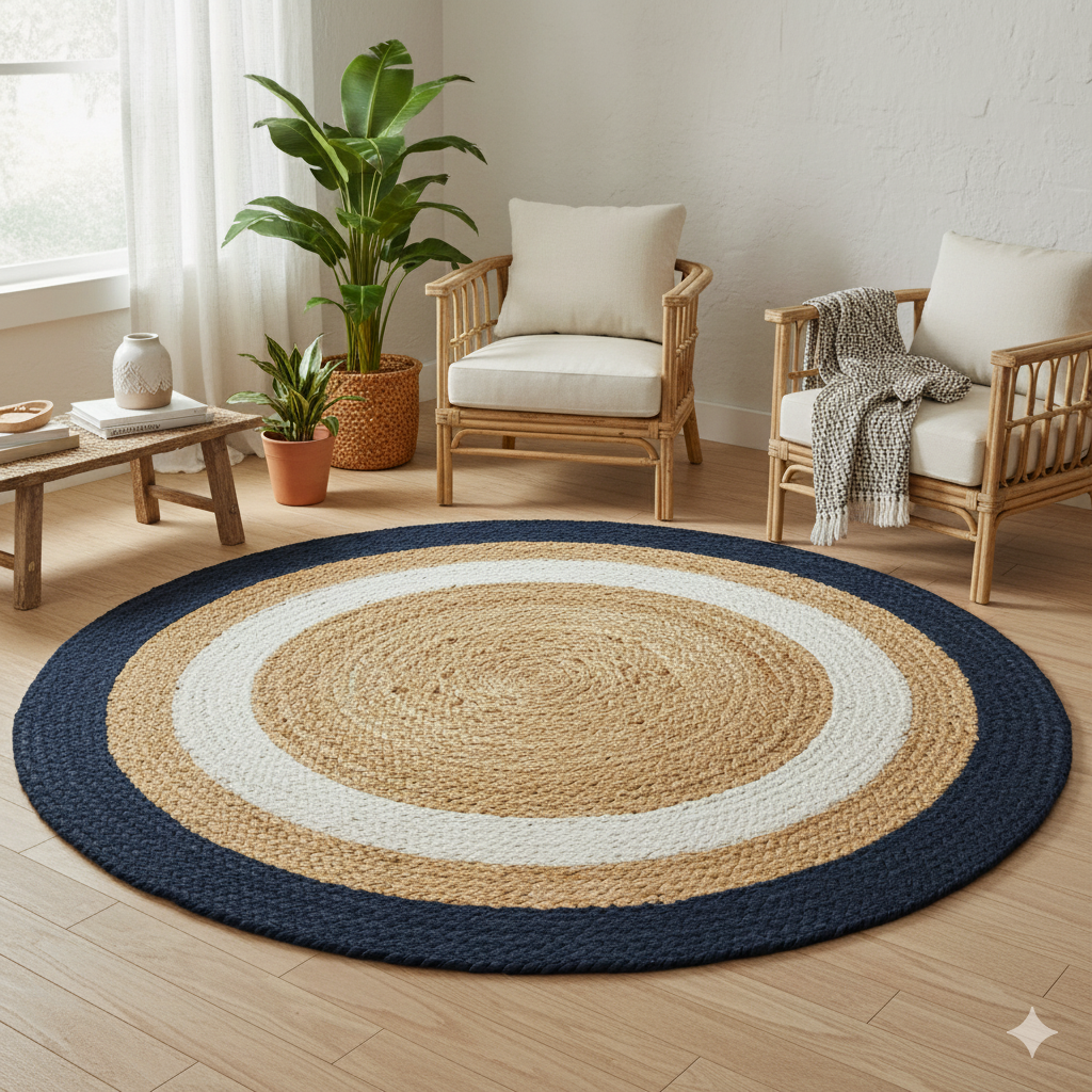 Kashyaparugs hand-braided natural jute round carpet with concentric ring design – eco-friendly, multiple sizes available