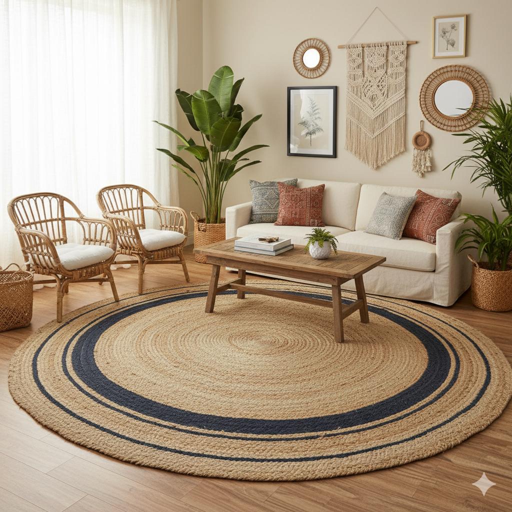 Natural Jute and Cotton Ecofriendly Round Carpet. Perfect for Living Room
