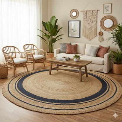 Natural Jute and Cotton Ecofriendly Round Carpet. Perfect for Living Room