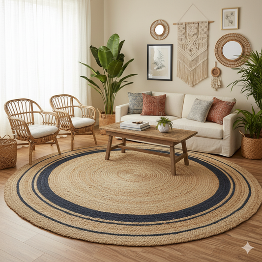 Natural Jute and Cotton Ecofriendly Round Carpet. Perfect for Living Room