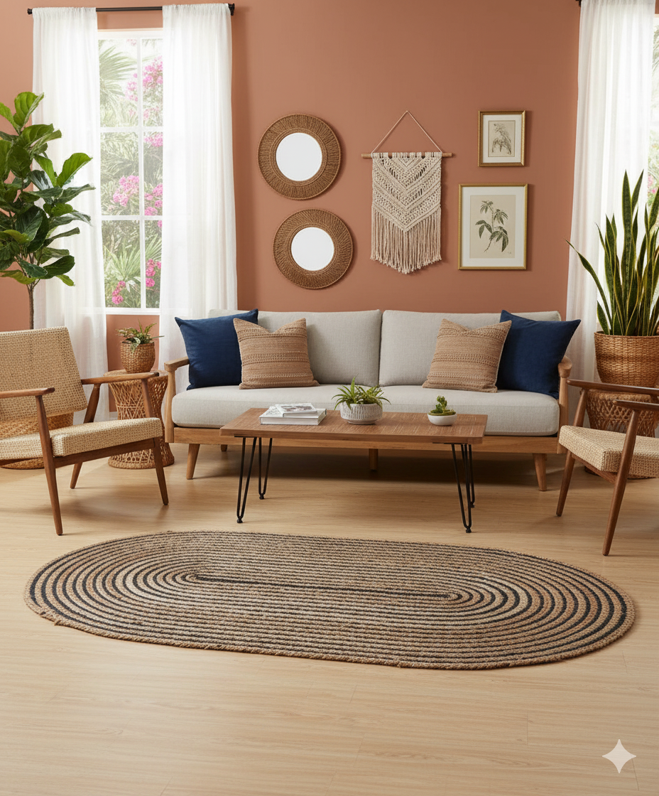 Jute With Black Cotton Oval Collection Classic Hand Woven Area Rug.