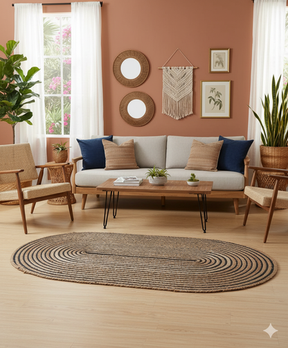 Jute With Black Cotton Oval Collection Classic Hand Woven Area Rug.