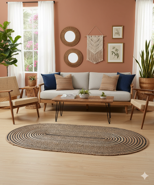 Jute With Black Cotton Oval Collection Classic Hand Woven Area Rug.